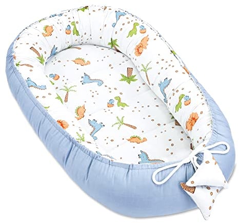 Babynest babynestchen neugeborene mit tragegriff 90 x 50 cm baby nestchen tragbar nest für bett kinder kuschelnest coccon für Jungen und Mädchen Dinosaurier Blau