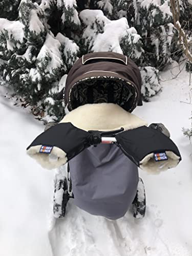 Handwärmer für Kinderwagen, warmer Handmuff mit Merinowolle Innenfutter, Universalgröße für Buggy, Jogger, Radanhänger (Schwarz Handschuhe)