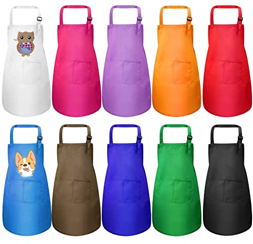 Geebuzz 10 Stück Kinder Schürze Einstellbare Blank DIY Kinder Koch Schürzen Handwerk Schürzen mit Taschen für Küche Malerei Kochen Backen (Vielfarbig, Groß)