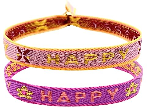 happymaker - Armbänder Set Damen, 2 Stoffarmbänder mit Statement - Happy - im Boho Style Damen, Freundschaftsarmbänder, größenverstellbar, wasserfest, handgefertigt in Deutschland