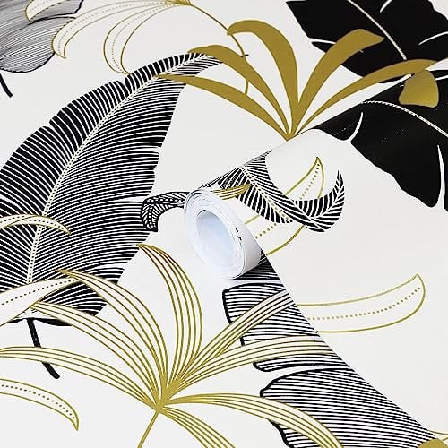 URBNLIVING Home Decoration DIY Vinyl Textured Designed Black Gold Champagne Feature Wall Decorative Wallpaper Rolls (Black & Gold Leaf Vinyl Textured Wallpaper 220GSM)
