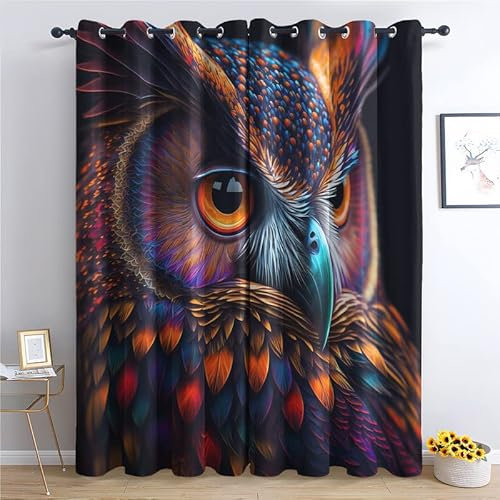 QEODAH Vorhänge Eule Vorhang Blickdicht Ösenvorhang Verdunklungsvorhänge Gardinen Wohnzimmer Schlafzimmer Kinderzimmer Fenster Deko Blackout Curtain 2er Set H 300 x B 140 cm