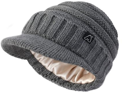 Hat Hut Beanie Damen Herren Satin gefütterte Wintermützen für Frauen Slouchy Beanies Satin gefütterte Beanie mit Krempe Visier (DE/NL/SE/PL, Alphanumerisch, Einheitsgröße, Grau)