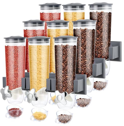 Nitial 3 Set Cereal Dispenser Wall Mounted Triple Dry Food Dispenser with 9 Cup Wall Mount Triple Candy Snack Storage for Store Oatmeal Grain Coffee Beans Nuts Kitchen 39 oz(Gray)