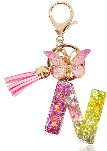 Yanmucy Buchstaben Schlüsselanhänger Mädchen Ringe Lila Niedlich Schlüsselanhänger Glitzer mit Schmetterling Quasten Harz Keychain Aesthetic für Tasche Charme Frauen Mädchen Tasche Dec (N)
