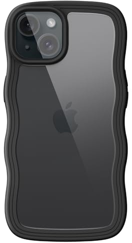 JETech Cute Case for iPhone 15 6.1-Inch, Wave Frame Curly Shape Shockproof Phone Cover for Women and Girls, Clear Hard PC Back (Black)