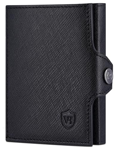 VON HEESEN Slim Wallet mit RFID Schutz - Geldbörse Herren klein - Mini Geldbeutel Damen Portmonee - Kartenetui Echtleder Karten Portemonnaie - Leder Kreditkartenetui Schwarz Saffiano