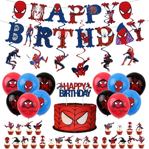 44Pcs Red Spi-man Birthday Decorations for Boys Home Red Blue Spi- Party Balloons,Happy Birthday Banner Bunting,Cake Toppers,Hanging Swirls for Kids Baby Shower Cartoon Theme Party Supplies