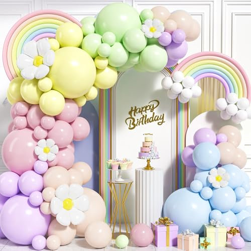 Kit Arche Ballon Pastel, 123 Pcs Guirlande Ballons Arc-en-ciel avec Ballons Marguerite pour Fille Femmes Anniversaire Baby Shower Mariage Fête Décoration D'Anniversaire