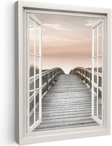 MuchoWow© Leinwand Bilder 60x80 cm Wanddeko Wohnzimmer Aesthetic Room Decor Deko Zimmer Wandbilder Moderne Bild auf Leinwand Fensterblick - Strand - Meer - Sonnenuntergang