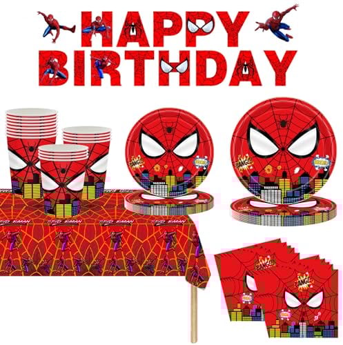 Juego de vajilla de cumpleaños de araña para niños, 70 piezas de vajilla de fiesta de súper araña, platos de papel, tazas, servilletas y pancarta de papel, suministros de fiesta para niños y niños