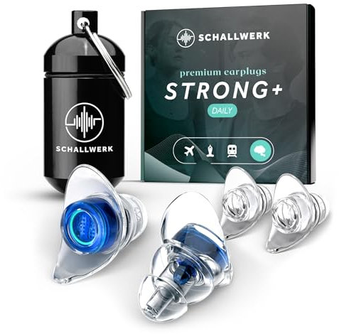 Schallwerk ® Strong+ Daily - unauffällige Gehörschutz Ohrstöpsel – dämpfen Lärm & erhalten Tonqualität – Ohrenstöpsel transparent - Earplugs geeignet für Musik, Alltag, Arbeit & Lernen