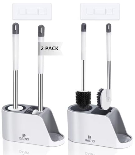 2-Way Toilet Brush 2 Pack with Ventilated Holder Silicone and Bristle Brushes for Toilet Cleaning Device with a Holder with Aluminum Handle