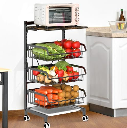 Gemsaya 4-Ebenen Gemüseregal, Küchenwagen mit Holzplatte, Obstkorb Aufbewahrungsregal für Küche, Schwarz Stahl Servierwagen, Gitterwagen mit Abschließbare Rollen, 40x31x85 cm Mehrlagiges Lagerregal