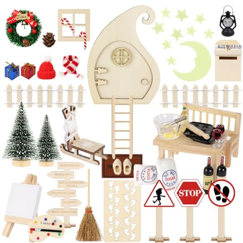 WILDPARTY 64Pcs Wichtel Set mit Briefen Weihnachten, Wichteltür Leuchtend Zubehör, Miniatur Elfentür Backen Baustelle Staffelei, Adventskalender Feentür Wichtelhaus Bastelset DIY Starterset