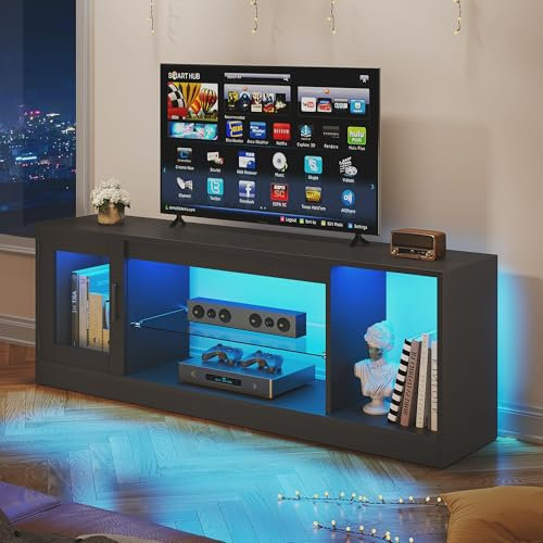 YITAHOME TV Cabinet Stand Unit, Modern Style TV Table for Flat Screens Up to 65 Inch, Open Adjustable Glass Storage Shelves for Living Room, Gaming, Entertainment Room, Hallway, Bedroom