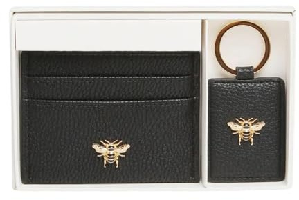 Alice Wheeler Bee Keyring & Bow Card Holder Set – Black Vegan Leather 2-Piece Set with Gold Bee Detail – Includes Metal Ring & External Card Slots