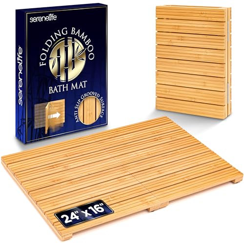 SereneLife Alfombra de Bambú Plegable – Antideslizante, Reversible, Ideal para Baño, SPA y Sauna, Soporta hasta 136 kg, Ahorra Espacio