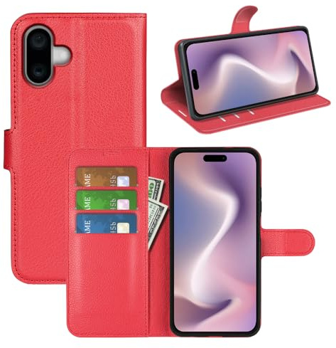 Fertuo Cover per iPhone 16, Custodia Portafoglio Cover a Libro in Pelle Flip Case con Silicone Bumper, Fibbia Magnetica, Porta Carte, Kickstand, per iPhone 16, Rosso