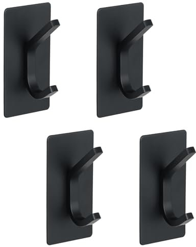 Mooche 4Pcs Self Adhesive Hooks Black Wall Mounted, Heavy Duty Stick On Coat Hooks, Sticky and Strong, Hanging Up to 6Kg, SUS304 Stainless Steel Used for Ideal for Coat, Towel, Clothes, Keys, Purse