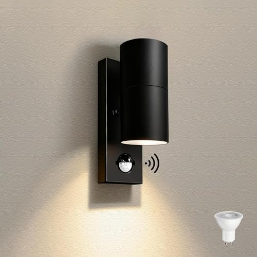 JNR Edelstahl Außenlampe mit Bewegungsmelder, Aussenlampe Schwarz | Einstellbarer PIR Bewegungsmelder Dämmerungssensor, IP54 Wasserdichte 230V Wandleuchte, 5W GU10 3000K LED Glühbirne