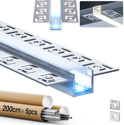 GEEKLUX 5 x LED Profil für Trockenbau 2 m (10 m), Aluprofil für LED Streifen bis 12 mm Breite, Mit Halbtransparentem Led Diffusor, Maße: 55.5 mm x 14.9 mm, Ideal für Gipskarton und Deckenmontage