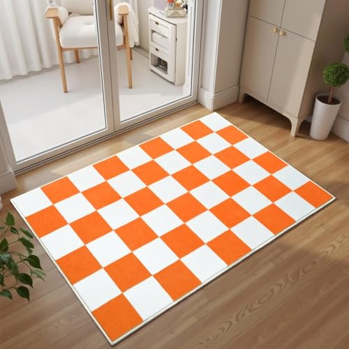 Terrug Petit tapis à carreaux doux et lavable avec envers antidérapant – Tapis à poils courts pour chambre à coucher, entrée, couloir, cuisine, buanderie (orange et blanc)