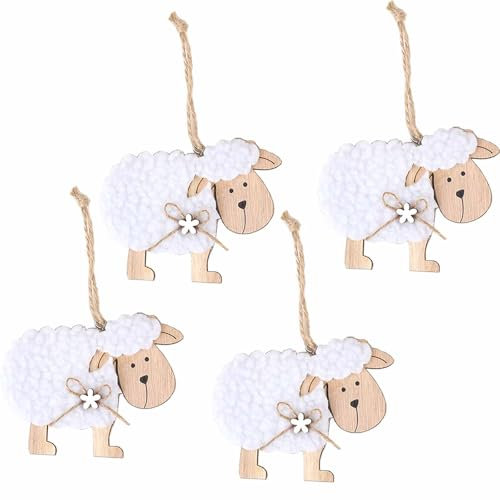 YIEUR 4 Stücke Anhänger Ostern Schafe aus Holz und Filz, 7cm Osterschäfchen mit Schnur Ostern Deko, Holz Osteranhänger weiß für Draußen Tischdeko Garten Deko(weiß)