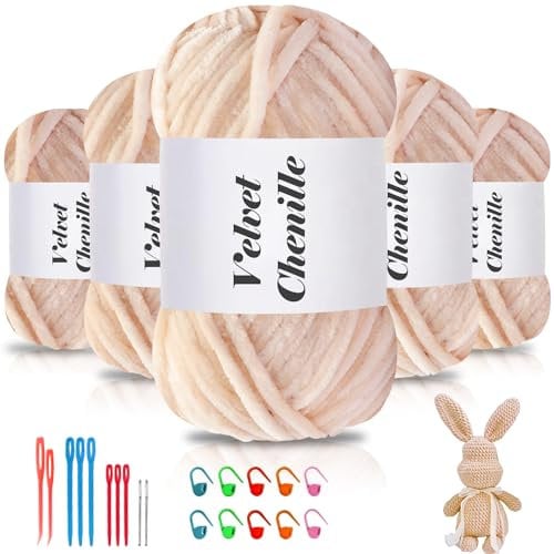 Maxee 500g(5×100g) Samtig Babywolle, Samt Chenille Garn mit Häkelwerkzeuge, Kuschelweich Velvet Chenillegarn Flauschige, Weich Plüschwolle Häkelgarn Wolle zum Stricken & Häkeln