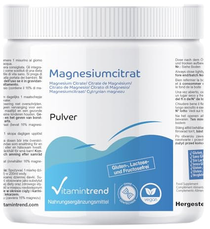 Vitamintrend Magnesiumcitrat Pulver 1kg, ideal für Sportler, hochdosiert, Nahrungsergänzungsmittel vegan ohne Magnesiumstearat, in Deutschland hergestellt