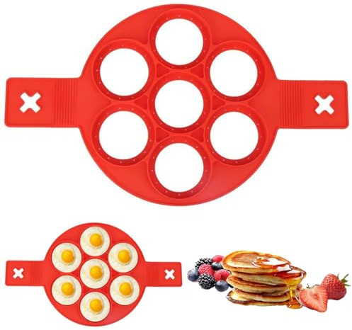 SWRCEYJH Pancake Stampi in Silicone, Stampi Per Pancake In Silicone Stampo Antiaderente Mini Pancake Stampo Riutilizzabile per Pancake con Sette Fori Anelli Per Uova