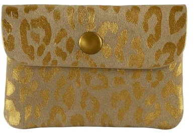 Porte-Monnaie Femme en Cuir Italien – Compact, Léger, Élégant – 2 Compartiments avec Zip et Bouton Pression – Motif Léopard ou Uni – Plusieurs Coloris au Choix (Beige doré léopard)