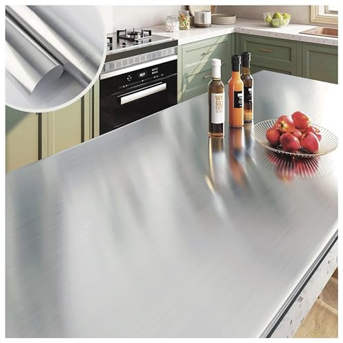 MEILLEVIE 60 * 500cm Thick 0.32mm Stainless Steel Self Adhesive Wallpaper Vinyl Wraps Waterproof Oil Resistant, Peel and Stick for Fridge Kitchen Worktops Appliances Splash backs (Grey Glossy)