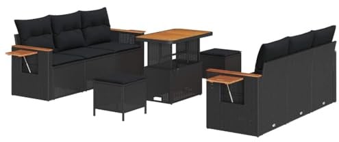 vidaXL 9-teiliges Gartensofa-Set mit Kissen in Schwarz aus Poly Rattan und Akazie – modulare Outdoormöbel für Komfort und Vielseitigkeit auf deinem Balkon oder deiner Terrasse.