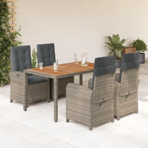 IKAYAA Gartenmöbel Set mit Akazienholz Tisch und 4 Verstellbare Hochlehner Stühlen, Sitzgruppe Outdoor für 4 Personen, Essgruppe für Garten Terrasse, inkl. Sitzkissen Grau