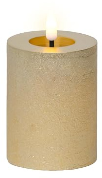 Lumineo LED Kerze mit Timerfunktion 7x11cm Wachs - flackernde Flamme Effekt - Echtwachskerze batteriebetrieben - Wachskerze Stumpenkerze Rustik Gold Warmweiß