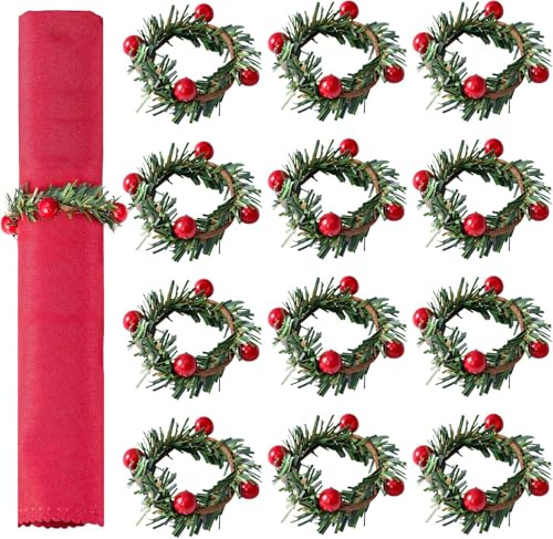 12 Stück Serviettenringe Weihnachten mit roten Beeren, Serviettenring, Weihnachtsserviettenring, Serviettenschnalle für Weihnachtsdekorationen, Thanksgiving, Bankette und Partys