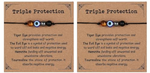 Rainway Lot de 2 bracelets en acier inoxydable avec 4 pierres de protection, cordon ciré tressé à la main, réglable de 30 cm, bracelet d'amitié avec turquoise, hématite, pierre œil de tigre, œil de