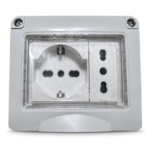 Topolenashop Cassetta Elettrica Esterna IP55 Pronta all’Uso – Scatola da Parete con 1 Presa Schuko e 1 Presa Bipasso, Coperchio Trasparente Protettivo per Impianti Elettrici Esterni