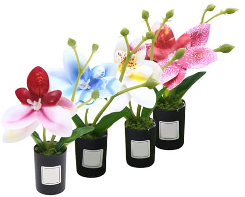 Fiori Artificiali di Orchidea in Vaso, Set da 4 Pezzi, Plastica Realistica | Decorazione Elegante per Scrivania D’Ufficio e Piccoli Spazi, senza Manutenzione, Design Salvaspazio, Esposizione Duratura