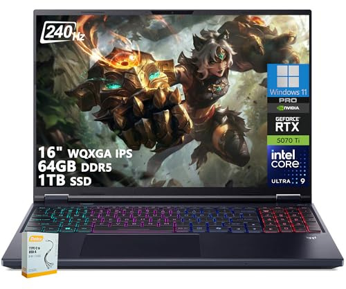 Acer Predator Helios Neo 16 AI Ordinateur portable de jeu | 16 WQXGA IPS 240 Hz | Intel Core Ultra 9 275HX | 64 Go DDR5 1 To SSD | GeForce RTX 5070 Ti (jusqu'à 992 AI Tops) | Rétroéclairé RVB Win11