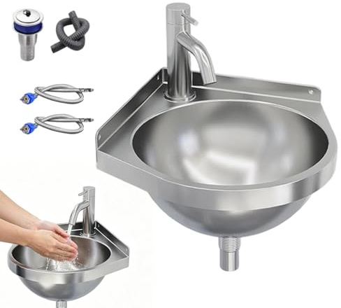 Lavabo mural triangulaire semi-circulaire avec robinet | Petit lavabo d'angle – Pour entrée, buanderie, jardin, terrasse, salle de bain, cuisine, appartement
