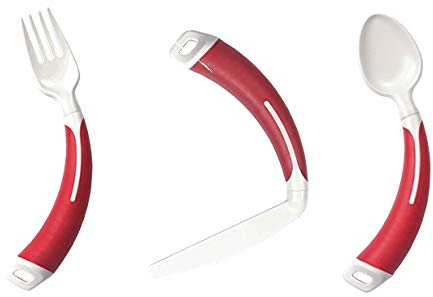 Curved Cutlery - Adult Eating Aid - Full Set of Light Weight Angled Cutlery (Right Hand, Red)