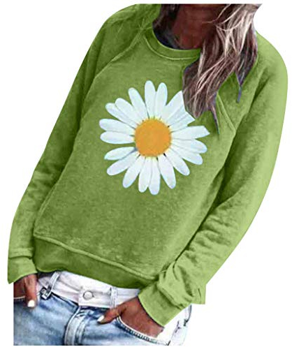 Lazzboy Store Langarmshirts Damen Oversize Tshirts Lose Pulli Rundhals Oberteile T-Shirt Frauen Drucken O-Ausschnitt Loose Pullover Sweatshirt Bluse(Grün,M)