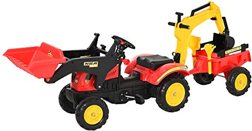 HOMCOM Tractor a Pedales con Remolque Excavador con Pala Frontal Juguete de Conducción para Mayores de 3 Años Dirección y Palas Fáciles de Controlar Soporta hasta 35 kg 179x42x59 cm Rojo