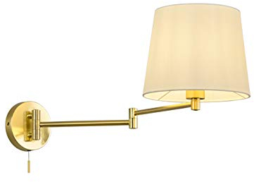 Schwenkbare Wandleuchte Messing mit Schalter und Stoffschirm Weiß, Höhe 32cm