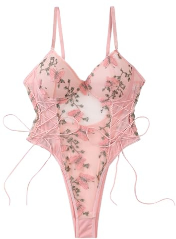 Lilosy Body sexy da donna con pizzo floreale ricamato Teddy lingerie top mesh puro un pezzo, Rosa Farfalla, S