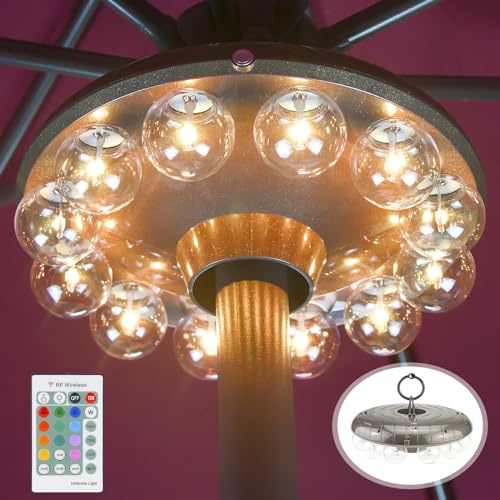 LUXSWAY Regenschirm-Lichter, batteriebetrieben, 12 Farbwechsel, für den Außenbereich, Terrassenschirm, Licht für Stange mit 2.4 m Fernbedienung, Regenschirm-Hängeleuchte für Camping, Grillen
