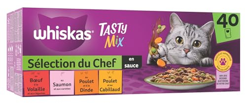 WHISKAS Repas pour Chat - 40 Sachets Fraîcheur - Tasty Mix Sélection du Chef (4 variétés) - Pâtée pour Chat Adulte en Sauce – Nourriture Humide Complète & Equilibrée
