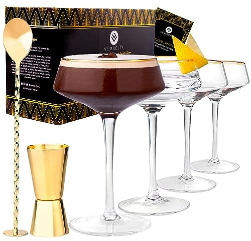 Vemacity,Lot de 4 verres à martini de luxe, cuillère à cocktail dorée et doseur,Grands verres à martini inclinés à motif de fruits de la passion et expresso + eBook de recettes (français non garanti)